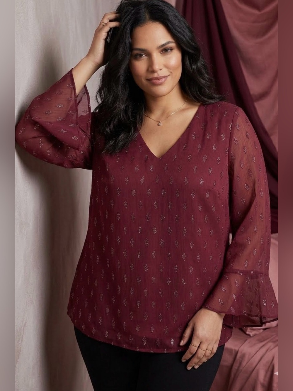 White House Black Market Burgundy Metallic Dot V-Neck Blouse